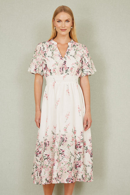 Yumi White Mirrored Floral Button Up Midi Dress with Ruched Waist