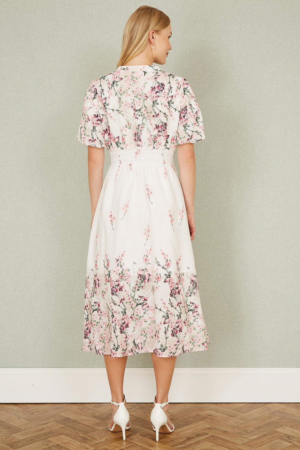 Yumi White Mirrored Floral Button Up Midi Dress with Ruched Waist