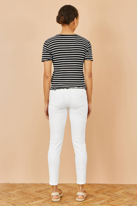 Yumi Black Striped Cotton Jersey Lettuce Trim T-Shirt