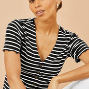 Yumi Black Striped Cotton Jersey Lettuce Trim T-Shirt