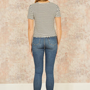 Yumi White Striped Cotton Jersey Lettuce Trim T-Shirt