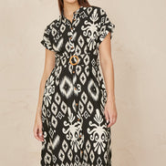 Yumi Black Abstract Geo Print Relaxed Midi Shirt Dress with Belt