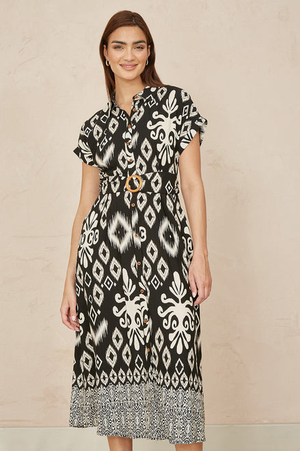 Yumi Black Abstract Geo Print Relaxed Midi Shirt Dress with Belt