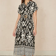 Yumi Black Abstract Geo Print Relaxed Midi Shirt Dress with Belt