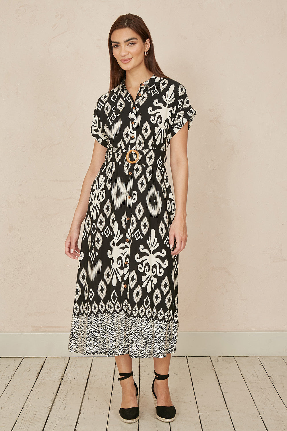 Yumi Black Abstract Geo Print Relaxed Midi Shirt Dress with Belt