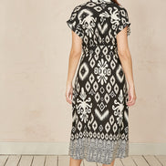 Yumi Black Abstract Geo Print Relaxed Midi Shirt Dress with Belt