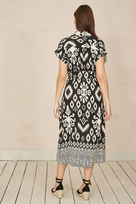 Yumi Black Abstract Geo Print Relaxed Midi Shirt Dress with Belt