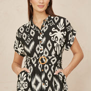Yumi Black Abstract Geo Print Relaxed Midi Shirt Dress with Belt