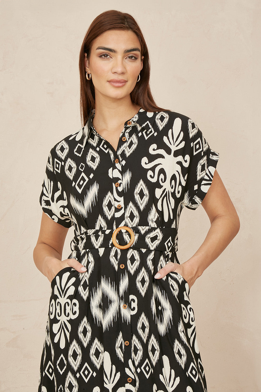 Yumi Black Abstract Geo Print Relaxed Midi Shirt Dress with Belt