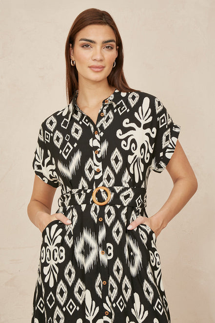 Yumi Black Abstract Geo Print Relaxed Midi Shirt Dress with Belt