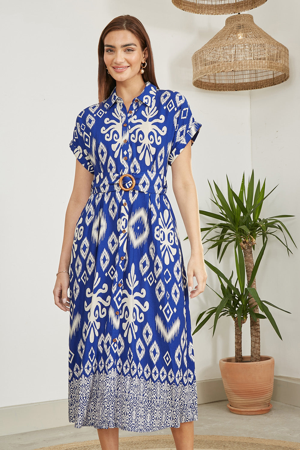 Yumi Blue Abstract Geo Print Relaxed Midi Shirt Dress with Belt