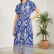 Yumi Blue Abstract Geo Print Relaxed Midi Shirt Dress with Belt