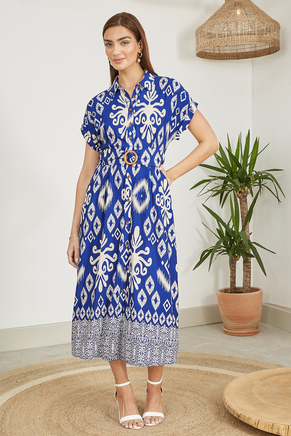 Yumi Blue Abstract Geo Print Relaxed Midi Shirt Dress with Belt