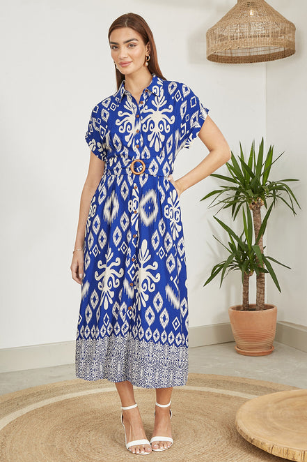 Yumi Blue Abstract Geo Print Relaxed Midi Shirt Dress with Belt