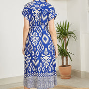Yumi Blue Abstract Geo Print Relaxed Midi Shirt Dress with Belt