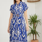 Yumi Blue Abstract Geo Print Relaxed Midi Shirt Dress with Belt