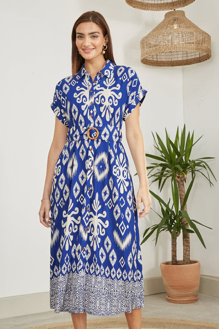 Yumi Blue Abstract Geo Print Relaxed Midi Shirt Dress with Belt