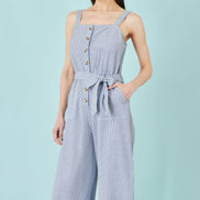 Yumi Blue Cotton Stripe Button Through Jumpsuit