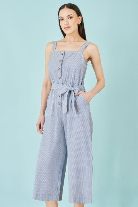 Yumi Blue Cotton Stripe Button Through Jumpsuit