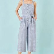 Yumi Blue Cotton Stripe Button Through Jumpsuit