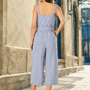 Yumi Blue Cotton Stripe Button Through Jumpsuit