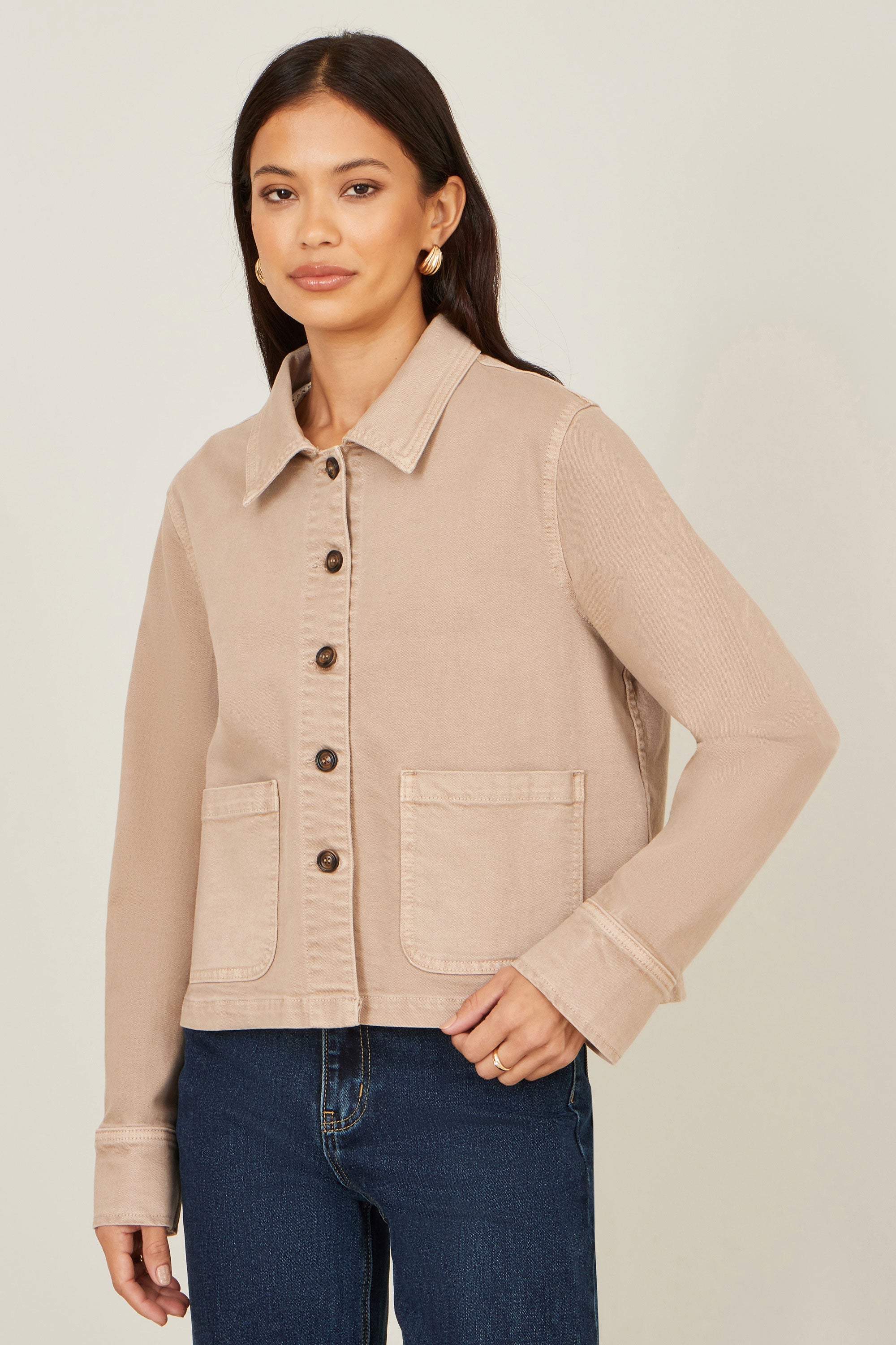 Yumi Beige Canvas Jacket with Patch Pockets