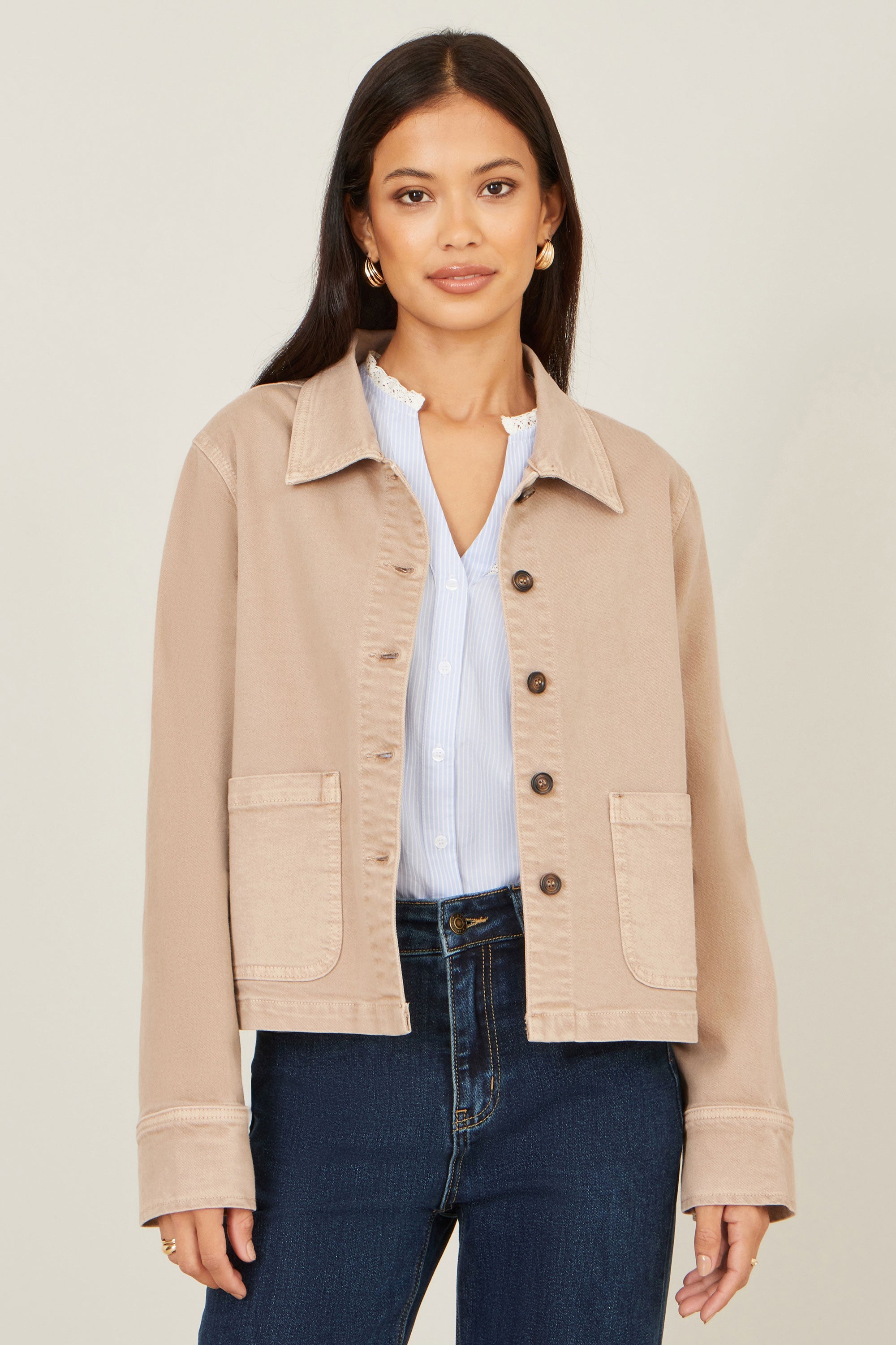 Yumi Beige Canvas Jacket with Patch Pockets