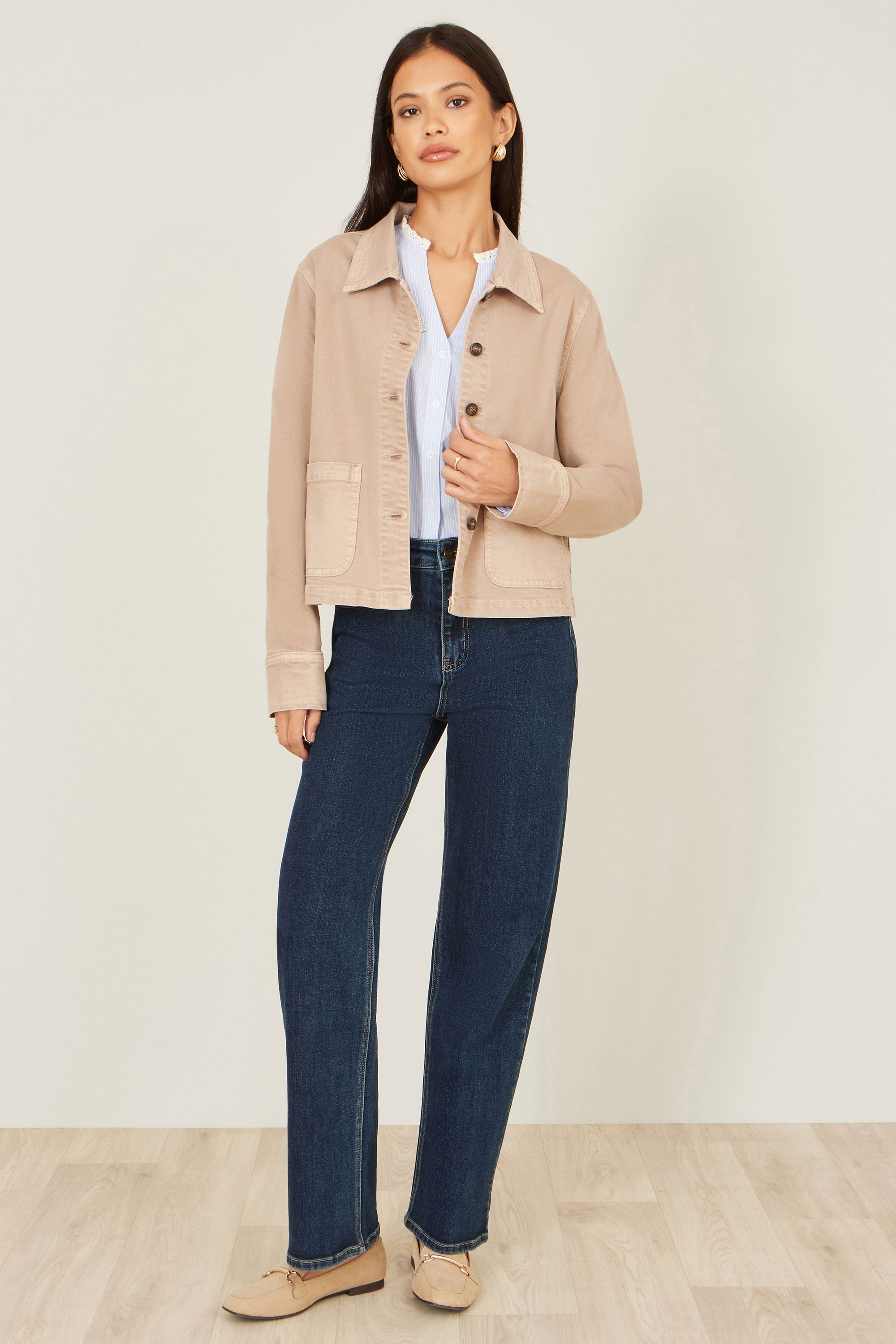 Yumi Beige Canvas Jacket with Patch Pockets