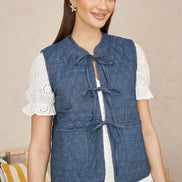 Yumi Blue Chambray Cotton Quilted Reversible Vest