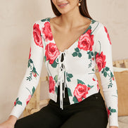 Yumi White Rose Print Cardigan with Tie Front