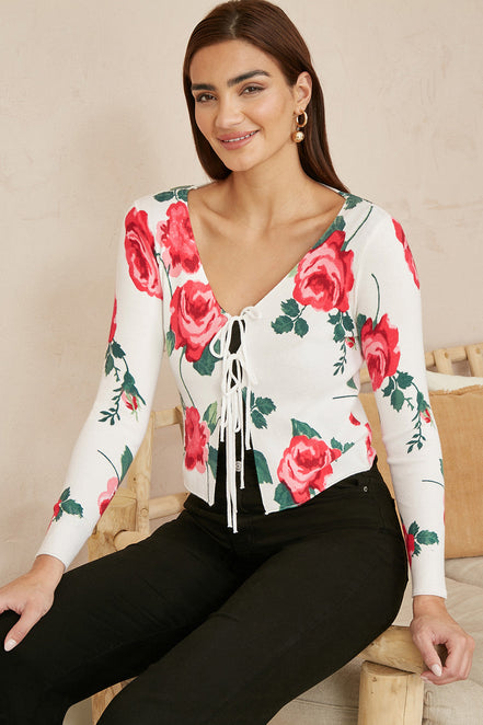 Yumi White Rose Print Cardigan with Tie Front