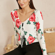 Yumi White Rose Print Cardigan with Tie Front