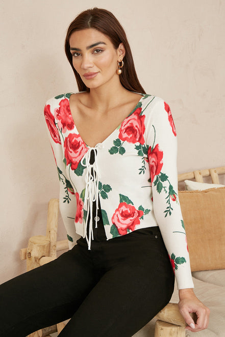 Yumi White Rose Print Cardigan with Tie Front