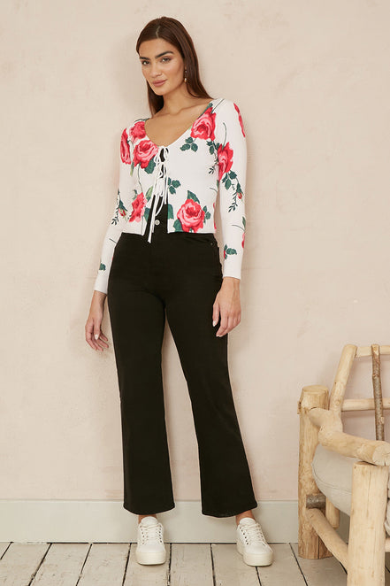 Yumi White Rose Print Cardigan with Tie Front