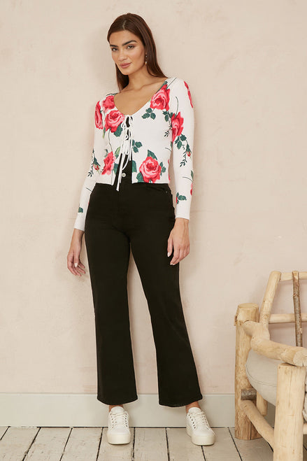 Yumi White Rose Print Cardigan with Tie Front