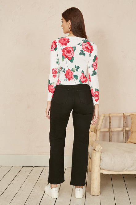 Yumi White Rose Print Cardigan with Tie Front