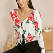Yumi White Rose Print Cardigan with Tie Front