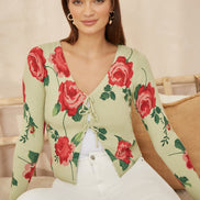 Yumi Green Rose Print Cardigan with Tie Front
