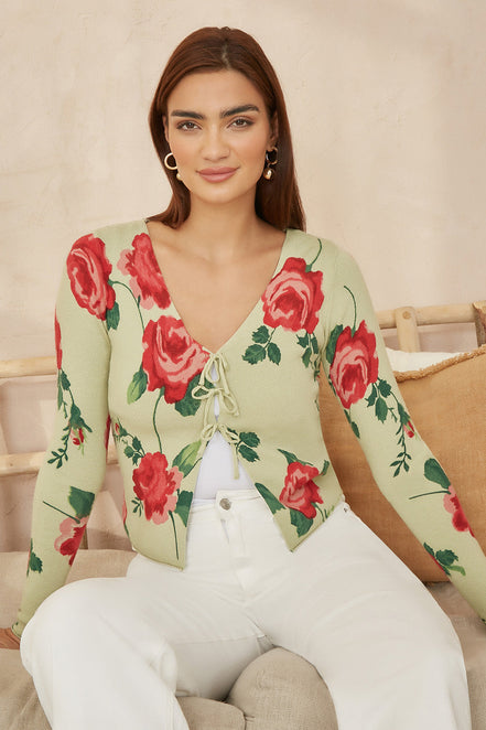 Yumi Green Rose Print Cardigan with Tie Front