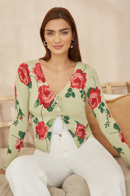 Yumi Green Rose Print Cardigan with Tie Front