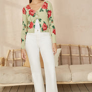 Yumi Green Rose Print Cardigan with Tie Front