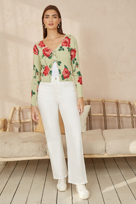 Yumi Green Rose Print Cardigan with Tie Front