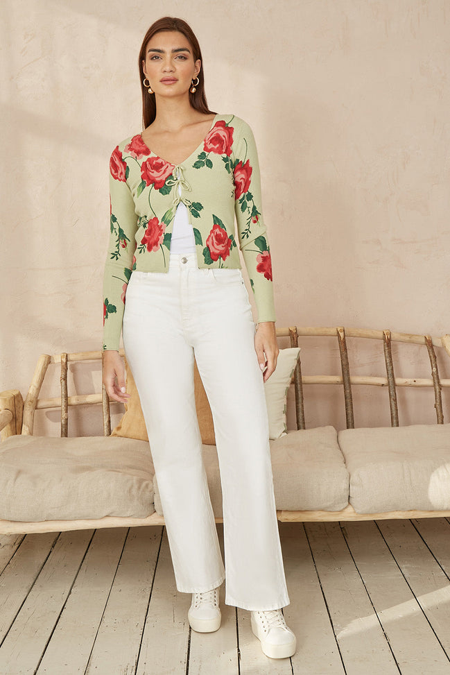 Yumi Green Rose Print Cardigan with Tie Front