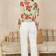 Yumi Green Rose Print Cardigan with Tie Front