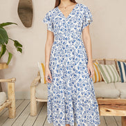 Yumi Blue Floral Printed Broderie Anglaise Ruched Waist Midi Dress