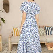 Yumi Blue Floral Printed Broderie Anglaise Ruched Waist Midi Dress