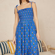 Yumi Blue Strappy Paisley Print Midi Dress with Ruched Bodice