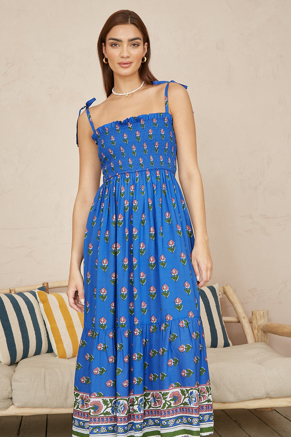 Yumi Blue Strappy Paisley Print Midi Dress with Ruched Bodice