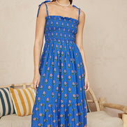 Yumi Blue Strappy Paisley Print Midi Dress with Ruched Bodice
