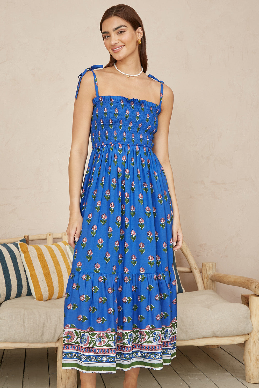Yumi Blue Strappy Paisley Print Midi Dress with Ruched Bodice